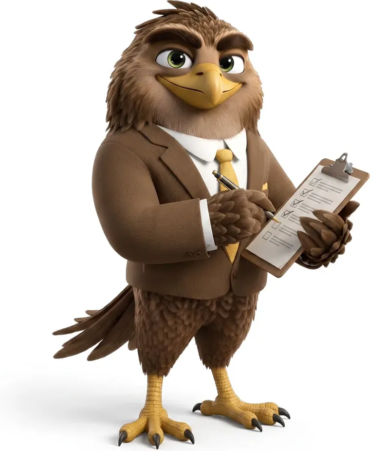 Money Hawk mascot ticking off a checklist on a clipboard