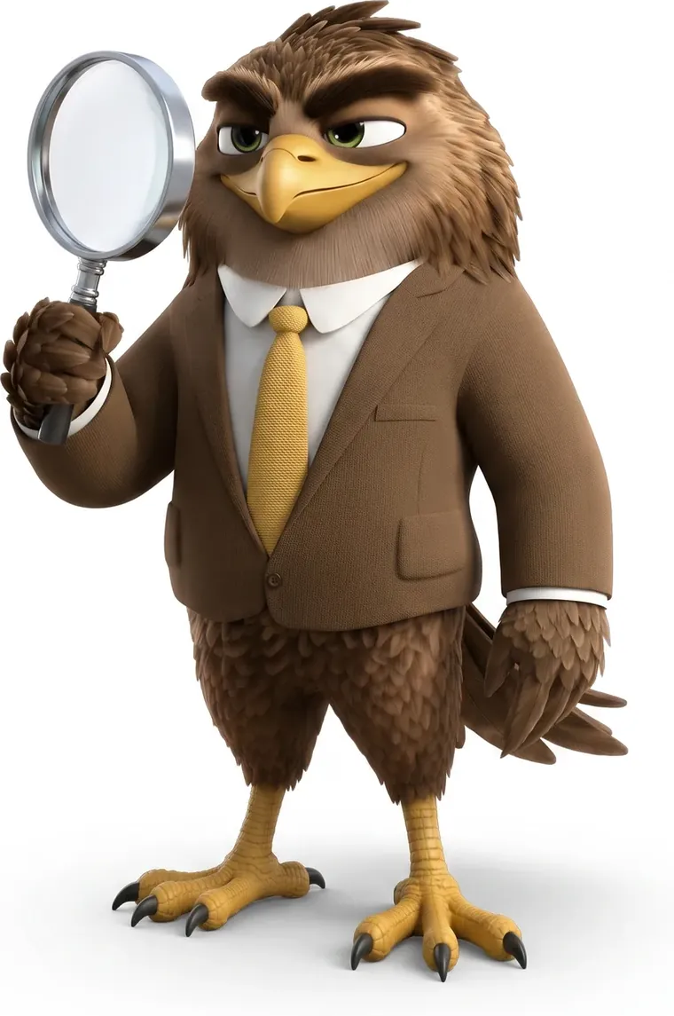 Money Hawk mascot holding a magnifying glass