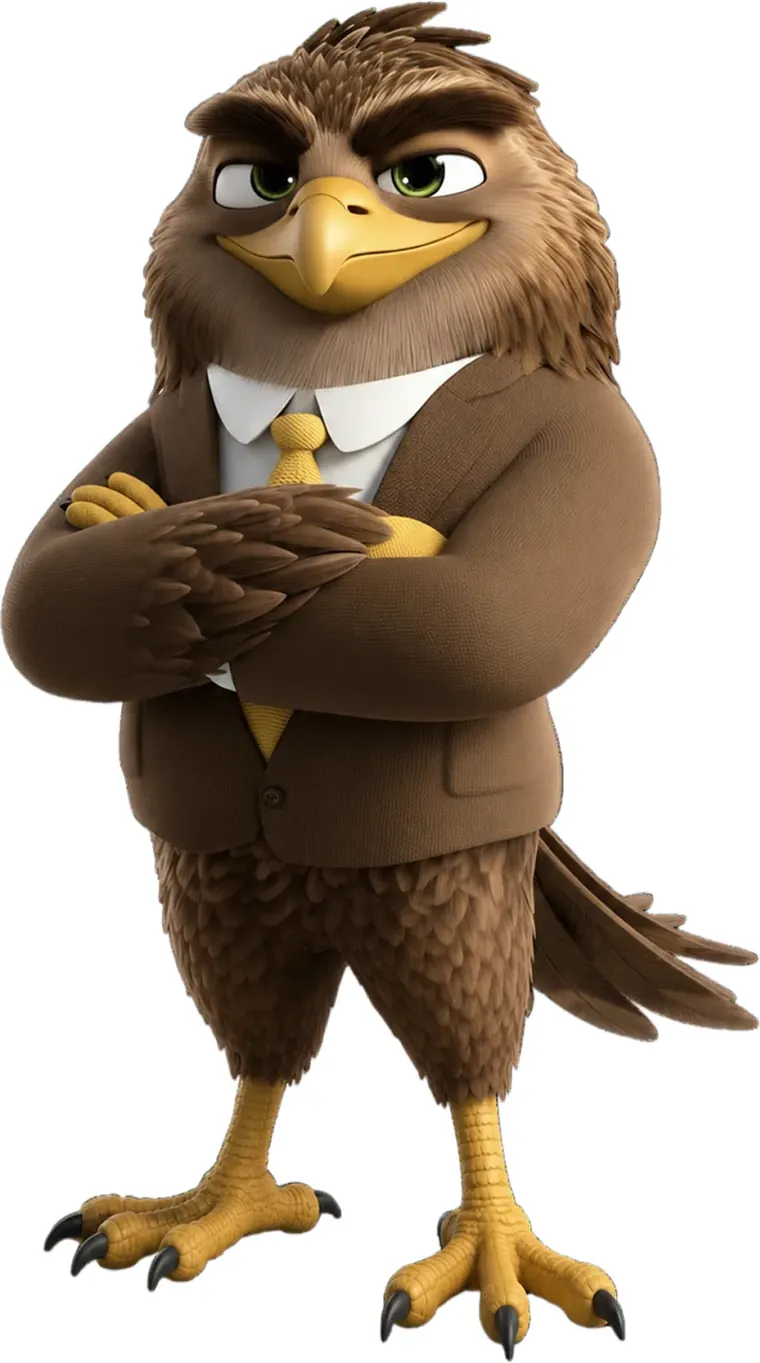 Money Hawk mascot, a hawk in a business suit, arms folded